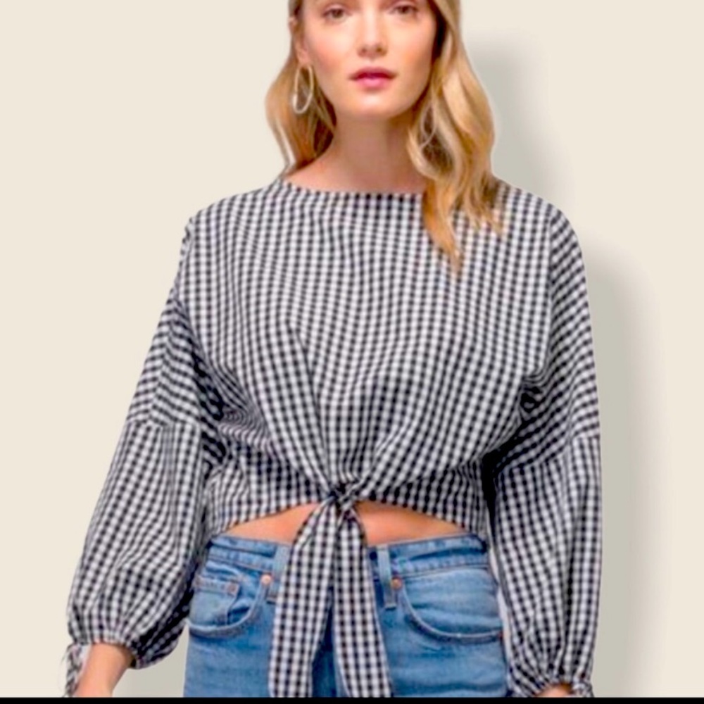 Greylin Black and White Gingham Tie-Front Blouse